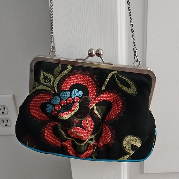 bagatelle Handbags - Bagatelle Black Clutch with Red and Green Floral Embroidery